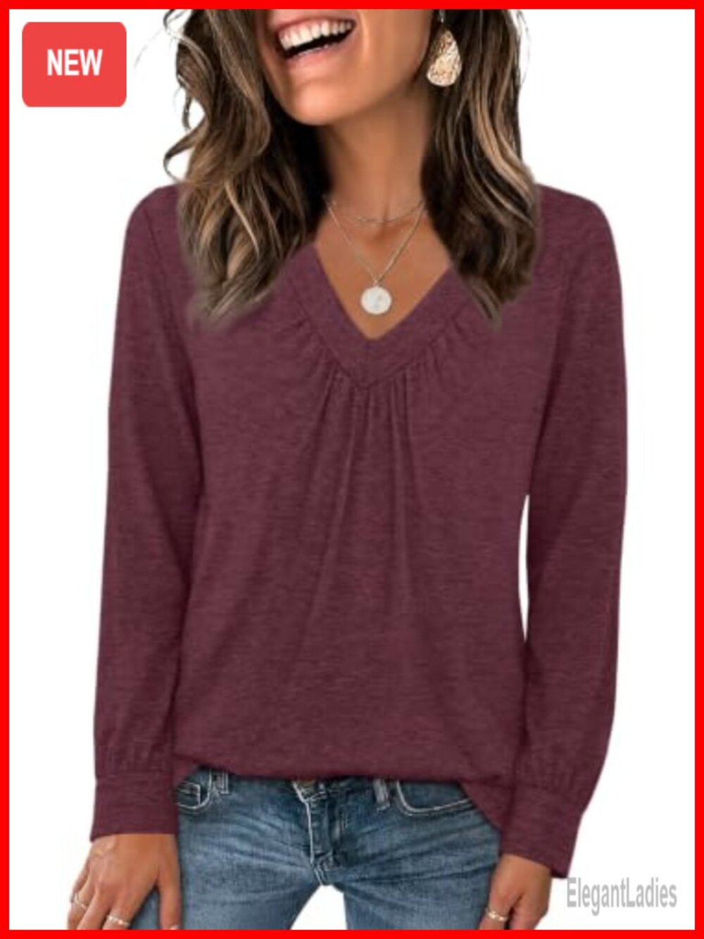 Long Sleeve Ruched V-Neck Blouse Loose Fit Top for Work Weekend